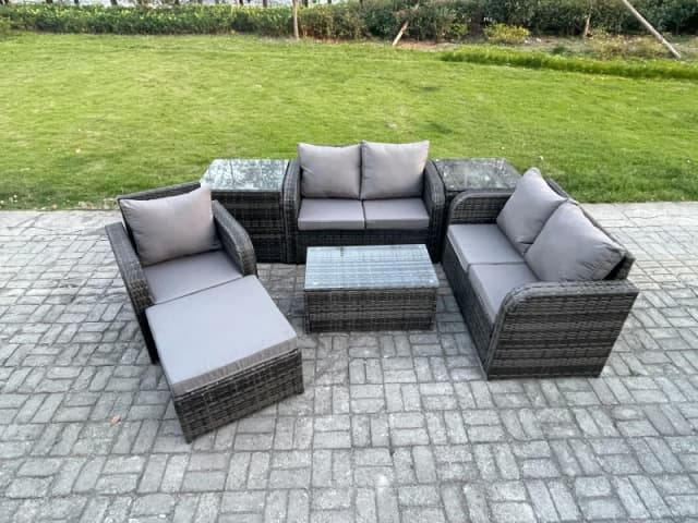 Fimous High Back Rattan Garden Furniture Set with Loveseat Sofa Rectangular Coffee Table 2 Side Tables Big Footstool Indoor Outdoor Patio Lounge Sofa