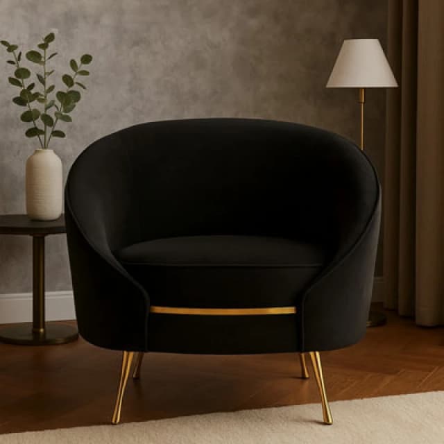 Orsina Black Velvet Armchair With Gold Finish Stainless Steel Legs, Luxe Curved Barrel Design Accent Chair