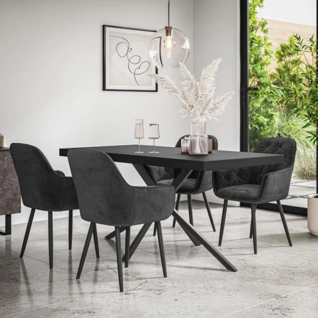 More4Homes Donni Dining Table And Chairs - Black Table Top W Black Legs + Anika Velvet Dining Chair Set Of 4 (Black)