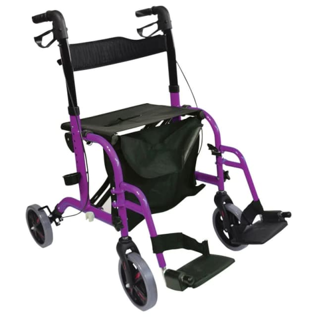 Loops Purple Deluxe Aluminium Rollator and Transit Chair 2-in-1 Dual Function Walker Multi