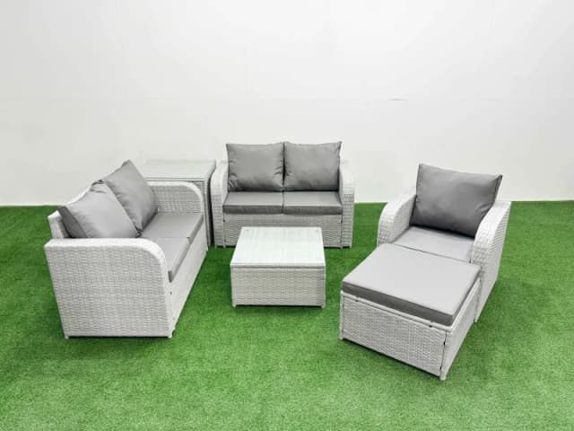 Fimous High Back Poly Rattan Garden Furniture Set with Reclining Chair Loveseat Sofa Square Coffee Table Indoor Outdoor Patio Set Big Stool Side Tabl