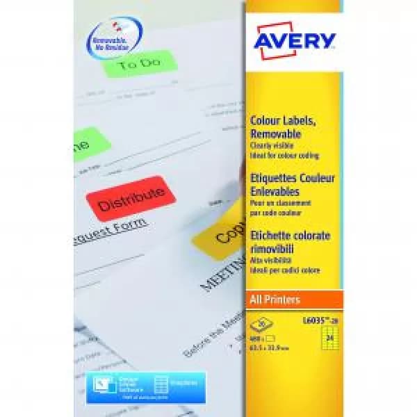 Avery L6035-20 Yellow Removable Labels 20 sheets - 24 Labels per sheet