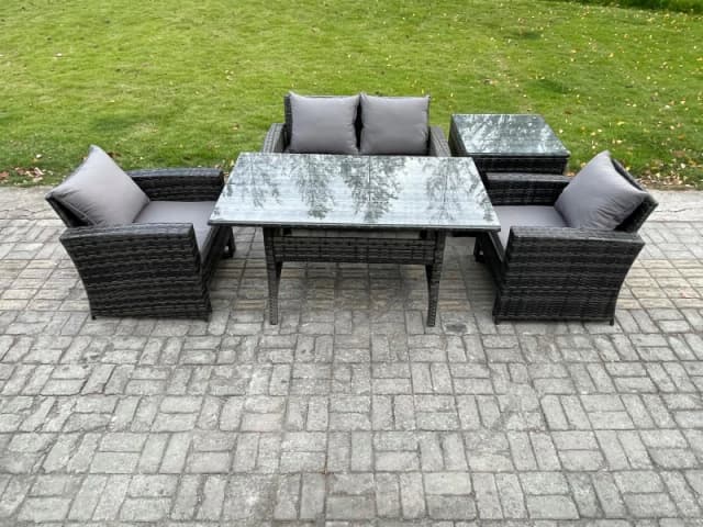 Fimous Wicker Outdoor Garden Furniture Set Patio Furniture Rattan Dining Table Lounge Sofa with Side Table in Dark Grey Dark Grey Unisex