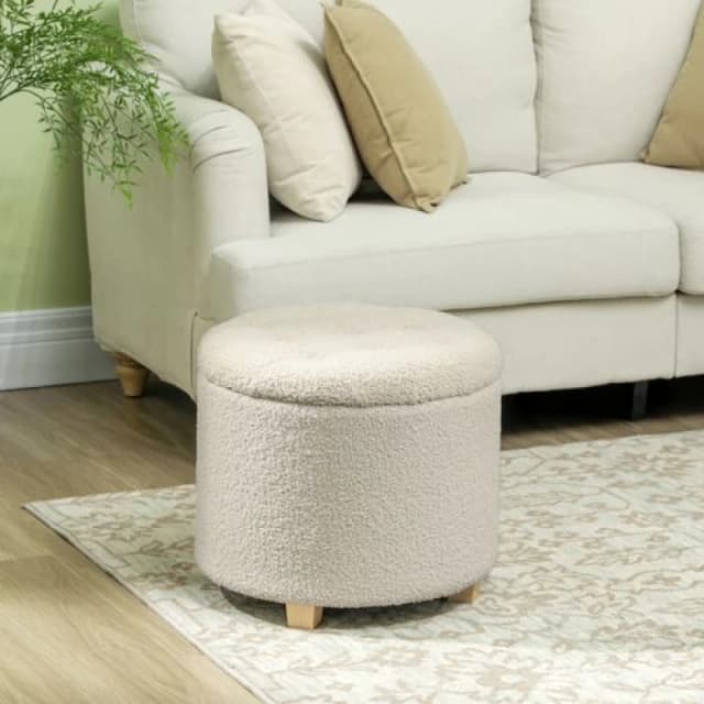 HOMCOM 45cm Round Ottoman with Storage, Lid, Cashmere Footstool, Cream White Cream