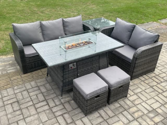 Fimous PE Wicker Outdoor Rattan Garden Furniture Set Propane Gas Fire Pit Table and Sofa set with Side Table 2 Small Footstools Dark Grey