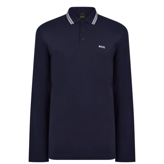 Boss Mens Plisy Tipped Collar Cotton Long Sleeve Polo Shirt Navy 403 male S