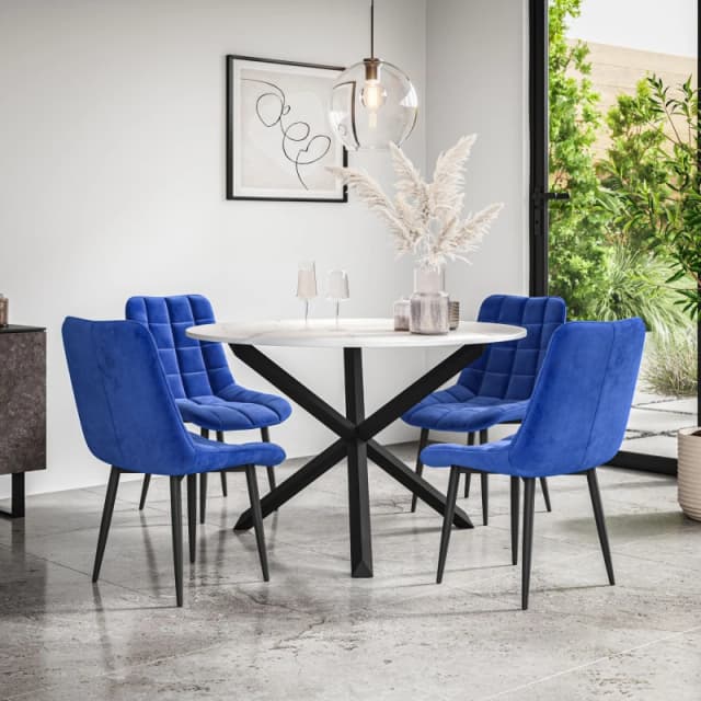 More4Homes Malvern Round Dining Table And Chairs - Marble Table Top W Solid Black Oak Legs + Nova Velvet Dining Chair Set Of 4 (Blue)