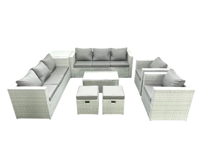 Fimous Outdoor Rattan Sofa Garden Furniture Set with 2 Armchairs Oblong Coffee Table 2 Small Footstools Side Table Light Grey Mixed Light Grey