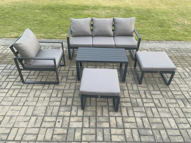 Fimous Aluminium 5 Pieces Garden Furniture Sofa Set with Cushions 6 Seater Outdoor Patio Set with Armchair 2 Big Footstools Dark Grey Dark Grey Unisex