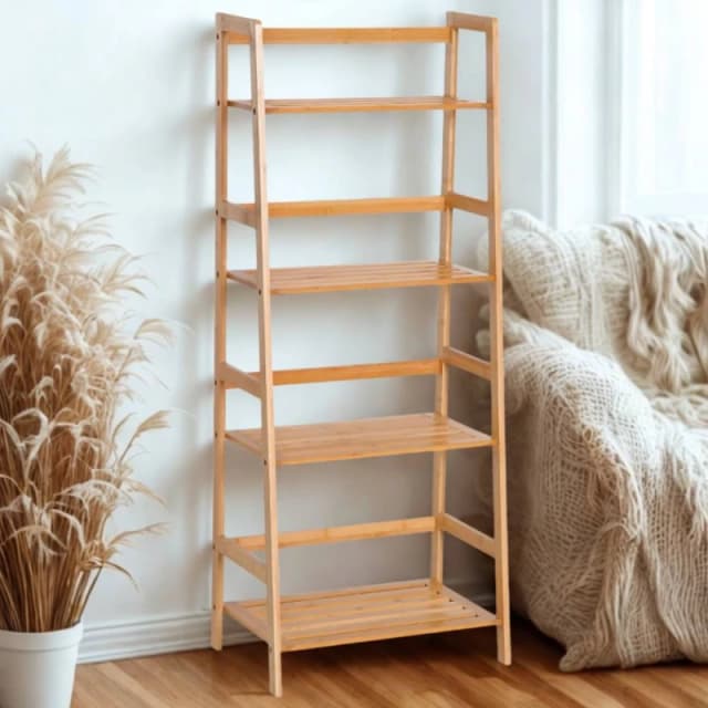 Pirlo Plush 4 Tier Bamboo Freestanding Ladder Bookcase Shelf in Brown Brown Unisex