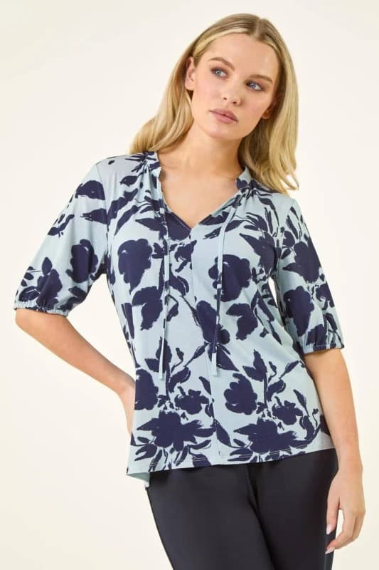 Roman Womens Petite Floral Tie Front Top in Blue Size: 14 Blue Female 14
