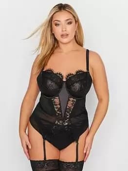 Yours Boudoir Lace Satin Trim Suspender Basque - Black, Size 44D, Women
