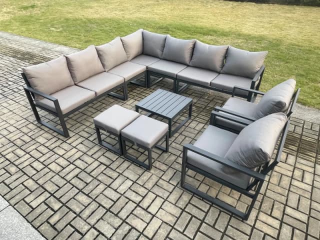 Fimous Aluminium Outdoor Garden Furniture Set Lounge Corner Sofa 2 Pcs Chair Square Coffee Table Sets with 2 Small Footstools Dark Grey Dark Grey Unis