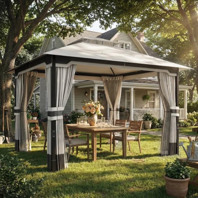 OUTSUNNY 3 x 3.6 m Outdoor Garden Gazebo with Netting, Curtains, Light Grey Size: 3m x 4m Light Grey Unisex 3m x 4m