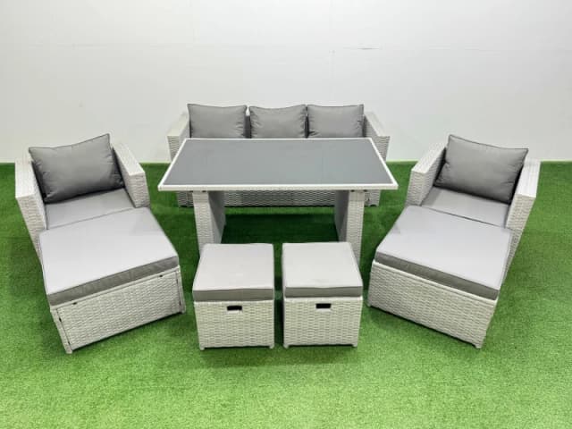 Fimous Patio Garden Furniture Set with Black Glass Top Dining Table Armchair in Light Grey Light Grey Unisex
