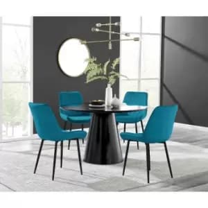Furniture Box Palma Black Semi Gloss Round Dining Table and 4 Blue Pesaro Black Leg Chairs