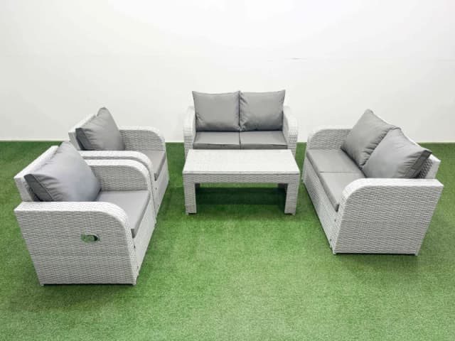 Fimous 6 Seater Outdoor Reclining Chair Love Sofa Set Rattan Garden Furniture Set with Oblong Coffee Table Light Grey Light Grey
