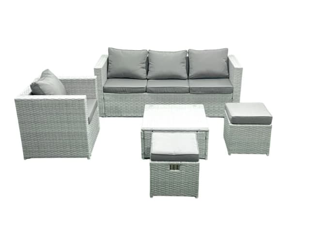 Fimous 6 Seater Rattan Garden Furniture Set with 3 Seater Sofa Chair Square Coffee Table Big Footstool Light Grey Mixed Light Grey