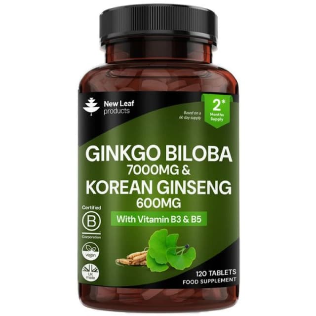 New leaf health Ginkgo Biloba 7000mg & Korean (Panax) Ginseng 600mg Tablets with Vitamin B3 & B5 Green unisex