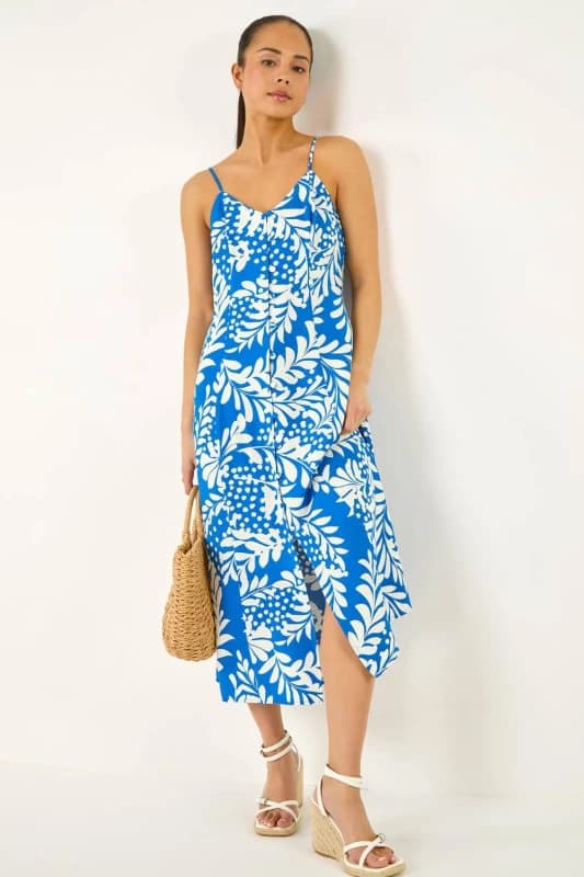 Roman Womens Petite Leaf Print Strappy Midi Dress in Blue Size: 12 Blue Female 12