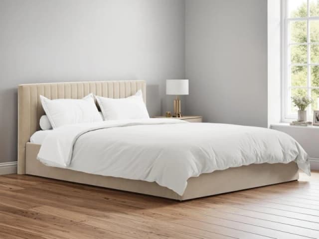 LPD Berlin Beige Velvet Fabric Ottoman Bed Frame - 6ft Super King Size