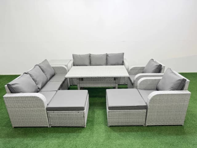 Fimous PE Rattan High Back Lounge Sofa Set Patio Rectangular Dining Table & Chairs Set with 3 Seater Sofa Reclining Chair 2 Big Footstool Side Table L