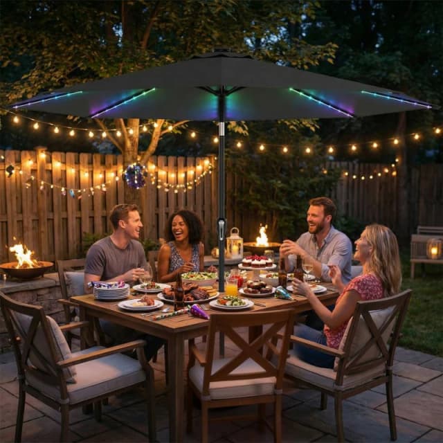 OUTSUNNY 3m Garden Parasol Umbrella with LED Lights, Patio Umbrella in Grey Size: 3m x 3m Grey Unisex 3m x 3m