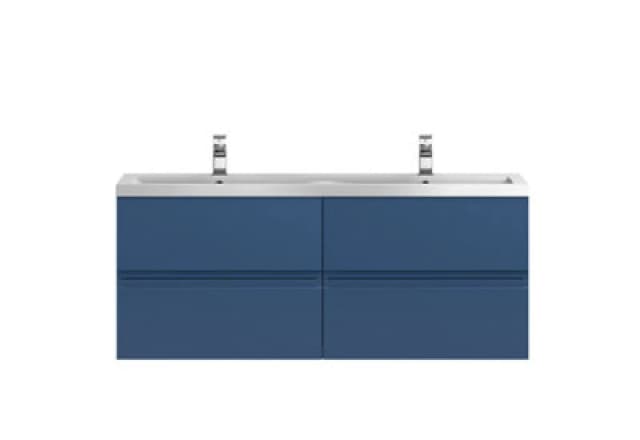 Nuie Hudson Reed Urban Wall Hung 4 Drawer Vanity Unit With Double Ceramic Basin, Modern Bathroom Furniture In Satin Blue, 1200mm