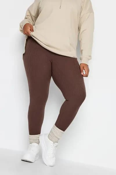 Yours Ribbed Leggings Brown