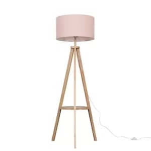 Morrigan Light Wood Tripod Floor Lamp with XL Pink Reni Shade