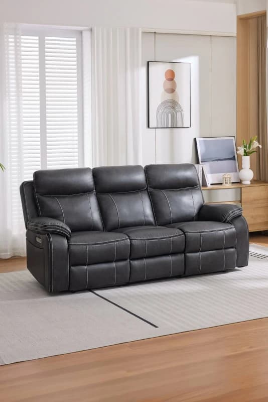 More4Homes Vinson Electric Recliner 3 Seater Sofa Air Leather With Built-In Plugs & Usb-C Charging (Charcoal)
