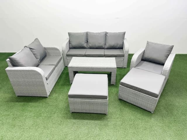 Fimous Patio PE Wicker 8 Seater Outdoor Rattan Furniture Sofa Sets with Oblong Coffee Table Reclining Chair Loveseat Sofa 3 Seater Sofa 2 Big Footstoo