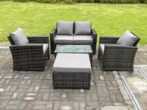 Fimous 4 Seater Outdoor Dark Grey Rattan Lounge Complete Sofa Set with Rectangular Coffee Table and Big Footstool