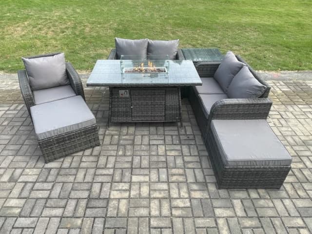 Fimous Outdoor Sofa Rattan Garden Furniture Set Patio Gas Fire Pit Dining Table and Reclining Chair set with Side Tables 2 Big Footstool Dark Grey