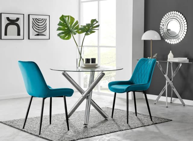 FurnitureboxUK FurnitureboxUK Selina Round Glass Chrome Leg Dining Table and Pesaro Black Leg Chairs in Blue Size: 4 Person Blue 4 Person Unisex 505