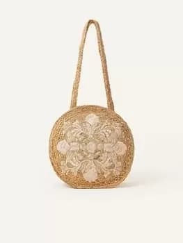 Accessorize Round Jute Shell Shoulder Bag, Beige, Women