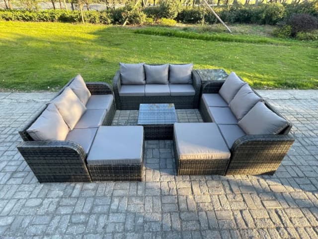 Fimous 11 Seater Rattan Outdoor Furniture Set Patio Garden Sofa Set with Square Coffee Table 3 Seater Sofa 2 Big Footstool Side Table Dark Grey