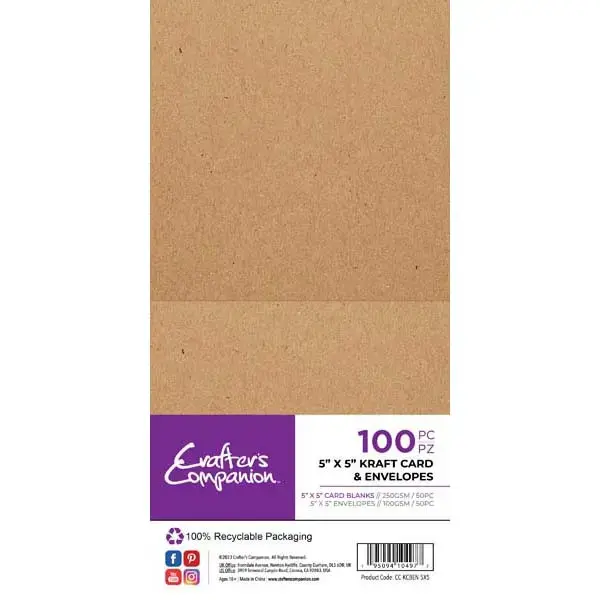 Crafter's Companion 5" x 5" Card Blanks & Envelopes Kraft 250 GSM Pack of 50
