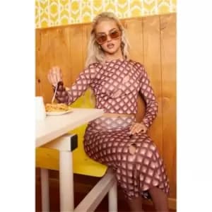 I Saw It First Brown Petite Printed Cut Out Detail Midi Skirt - Brown