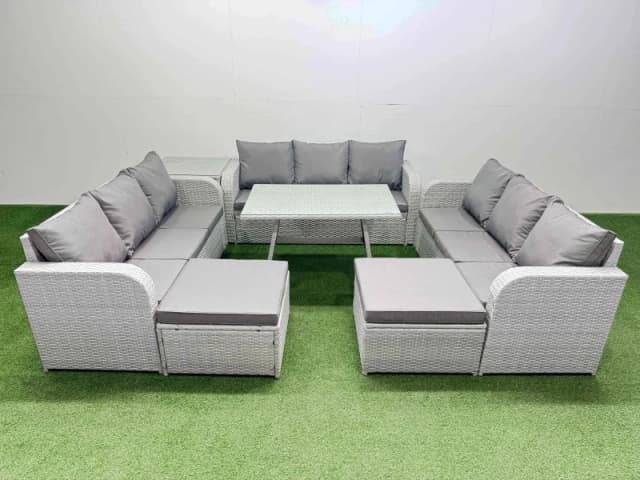 Fimous 11 Seat Outdoor PE Rattan Garden Furniture with Side Table Light Grey Light Grey Unisex