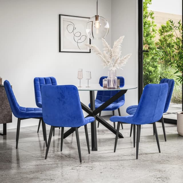 More4Homes Malvern Round Dining Table And Chairs - Clear Glass Table Top W Solid Black Oak Legs + Nova Velvet Dining Chair Set Of 6 (Blue)