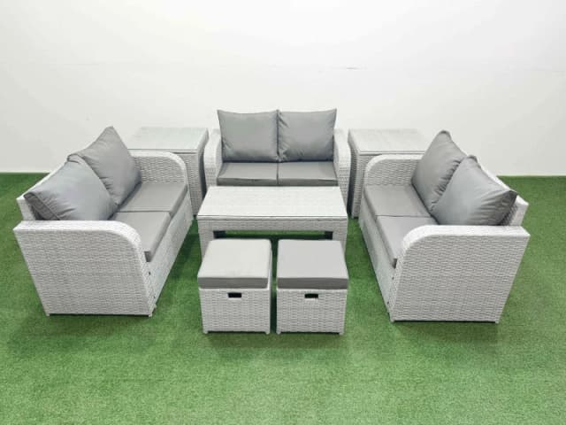 Fimous 8 Seater PE Wicker Rattan Furniture Sofa Sets with Oblong Coffee Table 2 Seater Love Sofa 2 Stool 2 Side Table Light Grey Light Grey