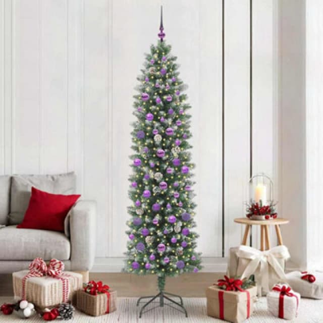 vidaXL Artificial Slim Christmas Tree with Lilac Balls Green and white 210 cm, Green 3395311