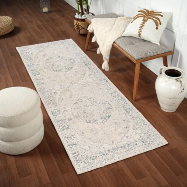 Livabliss Machine Washable Traditionnal Boho Oatmeal Amayra Runner Rug 80 X 220 Cm - Easy Care, Ideal For Hallway Or Beside The Bed