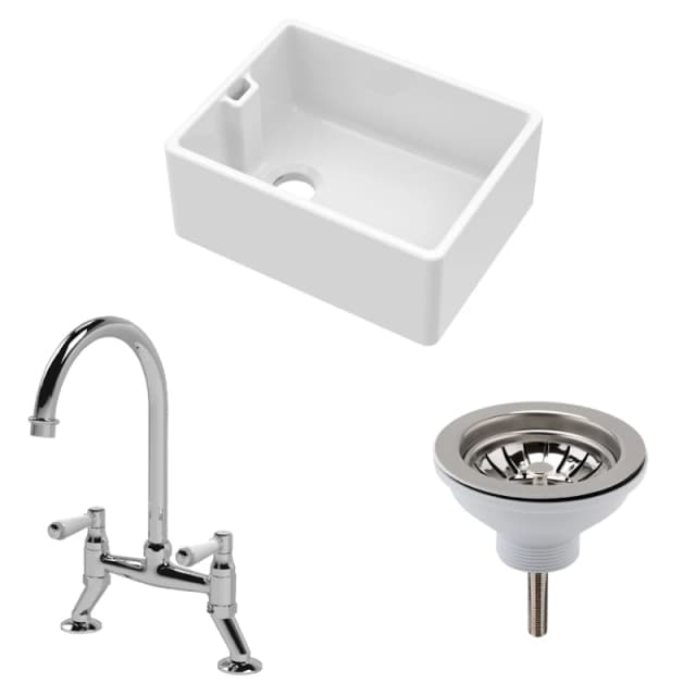 Balterley Fireclay 1 Bowl Belfast Sink Strainer Waste Mixer Tap 595mm Silver