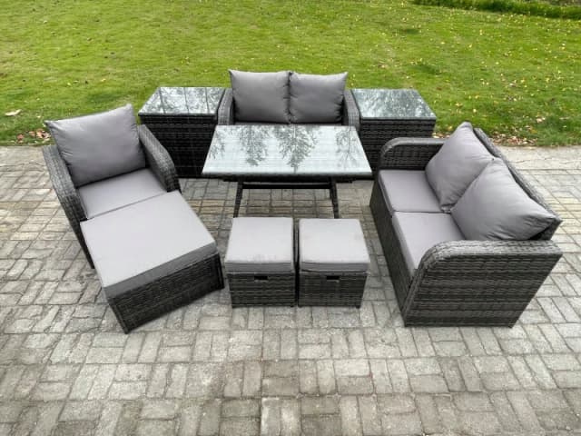 Fimous 8 Seater Outdoor Garden Dining Sets Rattan Furniture With Dining Table Armchairs Love Sofa 3 Footstools 2 Side Tables Dark Grey Mixed Dark Grey