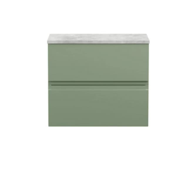 Hudson Reed Urban Wall Hung Countertop Basin Unit, 2 Soft Close Drawers Vanity Unit And Bellato Grey Worktop In Satin Green, 600mm