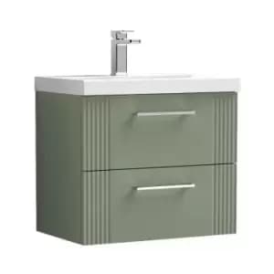 Nuie Deco Satin Green 600mm Wall Hung 2 Drawer Vanity Unit with 40mm Profile Basin - DPF893A - Satin Reed Green