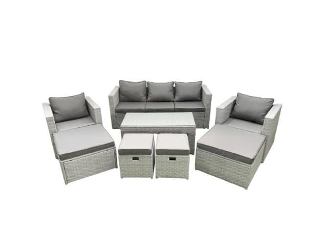 Fimous Rattan Garden Furniture Set Outdoor Lounger Sofa with Coffee Table 4 Footstools Light Grey Mixed 9 Seater Light Grey