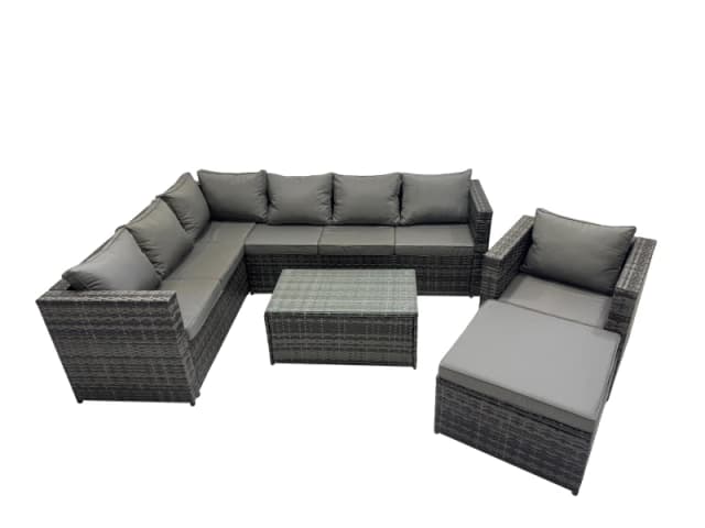 Fimous Outdoor Rattan Rectangular Coffee Table Corner Sofa Sets Garden Furniture Set With Big Stool Dark Grey Mixed